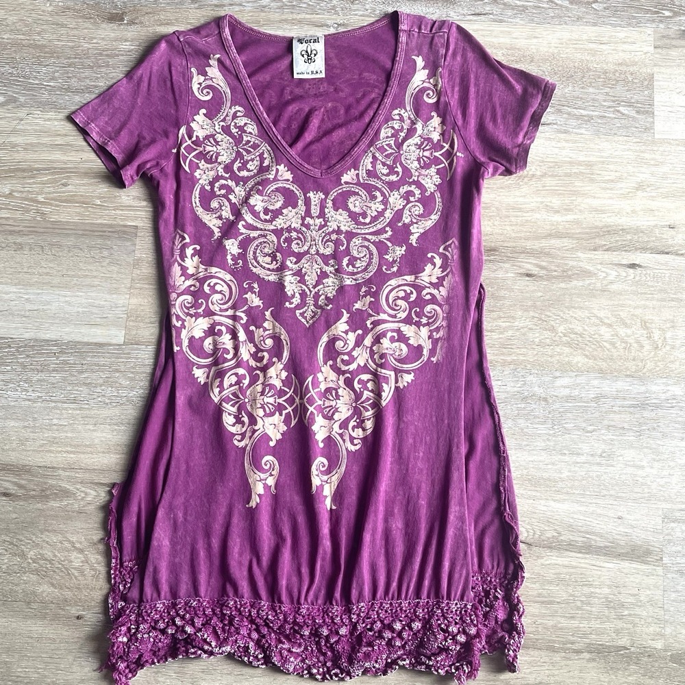 Vintage‎ Vocal Womens Pink Burnout Tunic Large Fleur Rhinestones Side Splits ***